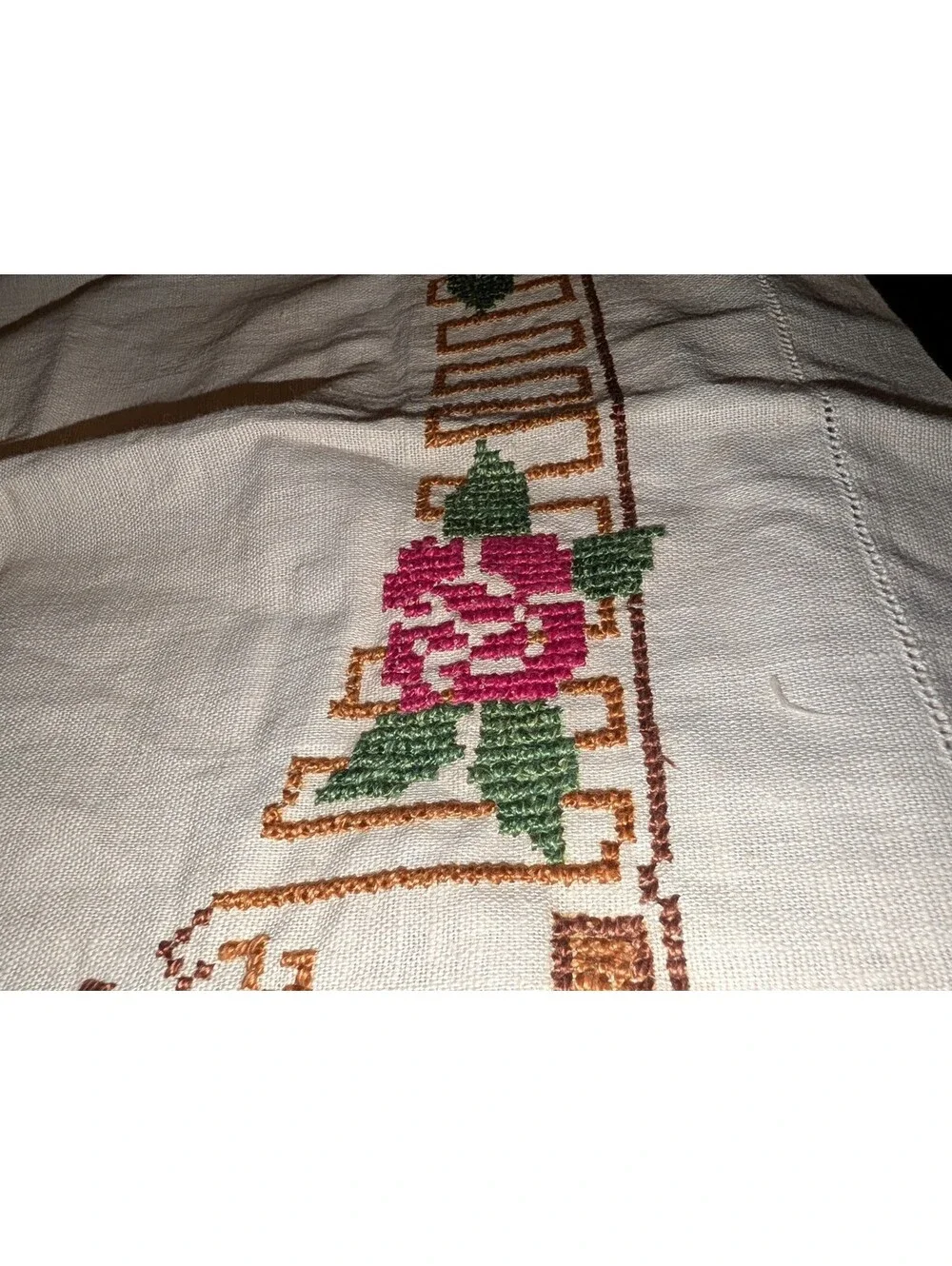 Handmade Vintage Embroidered Linen apron with Rose Cross-Stitch
